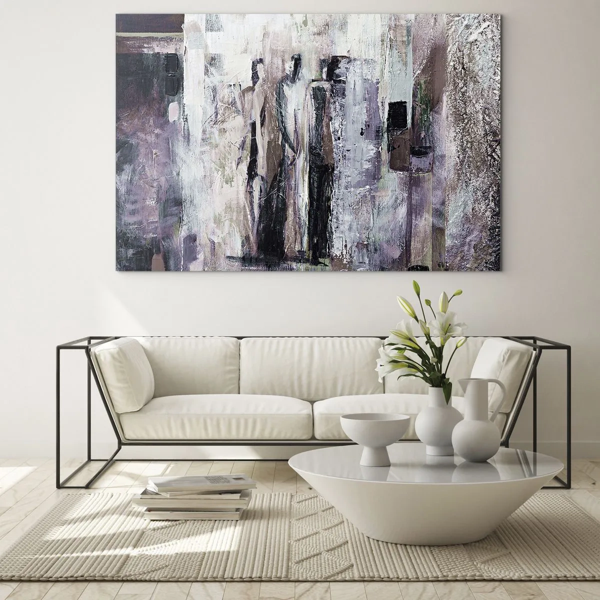 Cuadro sobre vidrio - Impresiones sobre Vidrio - Siluetas abstractas de figuras sobre un fondo de pintura texturizada - 120x80cm - El trío misterioso - Decoración de pared moderna para salón y dormitorio ARTTOR