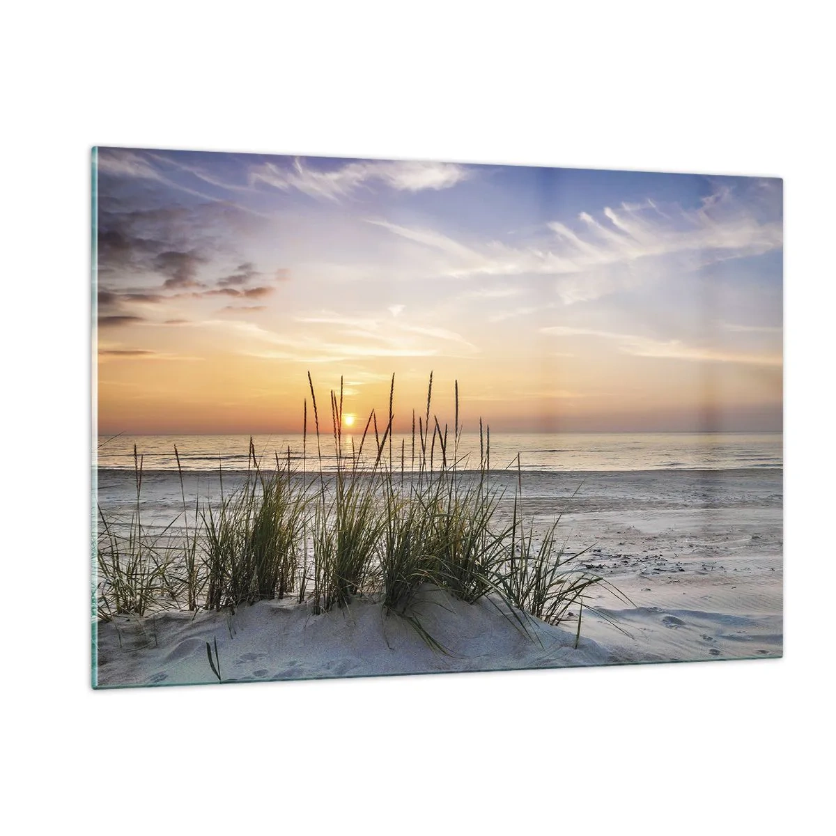 Cuadro sobre vidrio - Impresiones sobre Vidrio - Puesta de sol sobre una playa cubierta de hierba - 120x80cm - Mira, piensa, siente - Decoración de pared moderna para salón y dormitorio ARTTOR