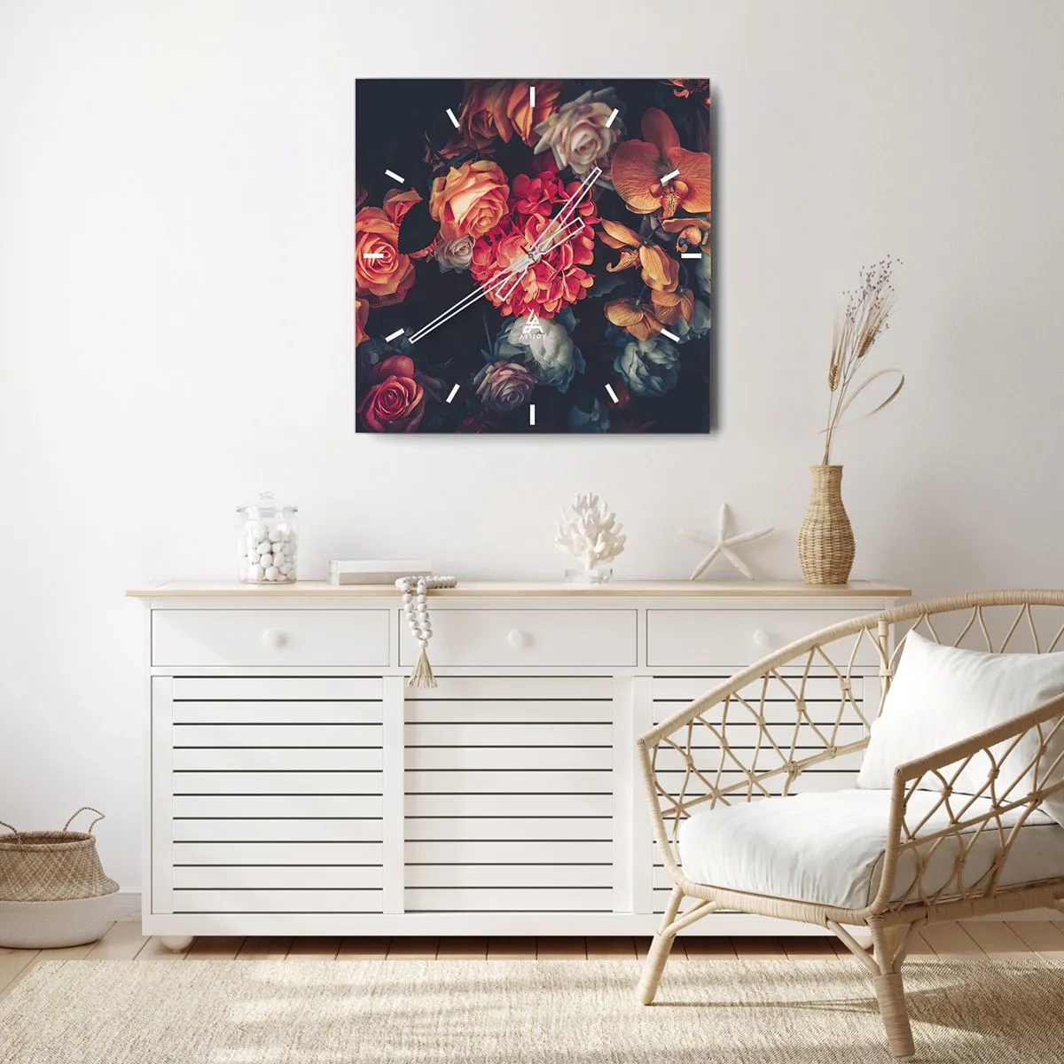 Reloj de pared - Reloj de vidrio - Un ramo de varias flores en tonos oscuros. - 30x30cm - Como los maestros holandeses - Decoración de pared moderna para salón y dormitorio ARTTOR