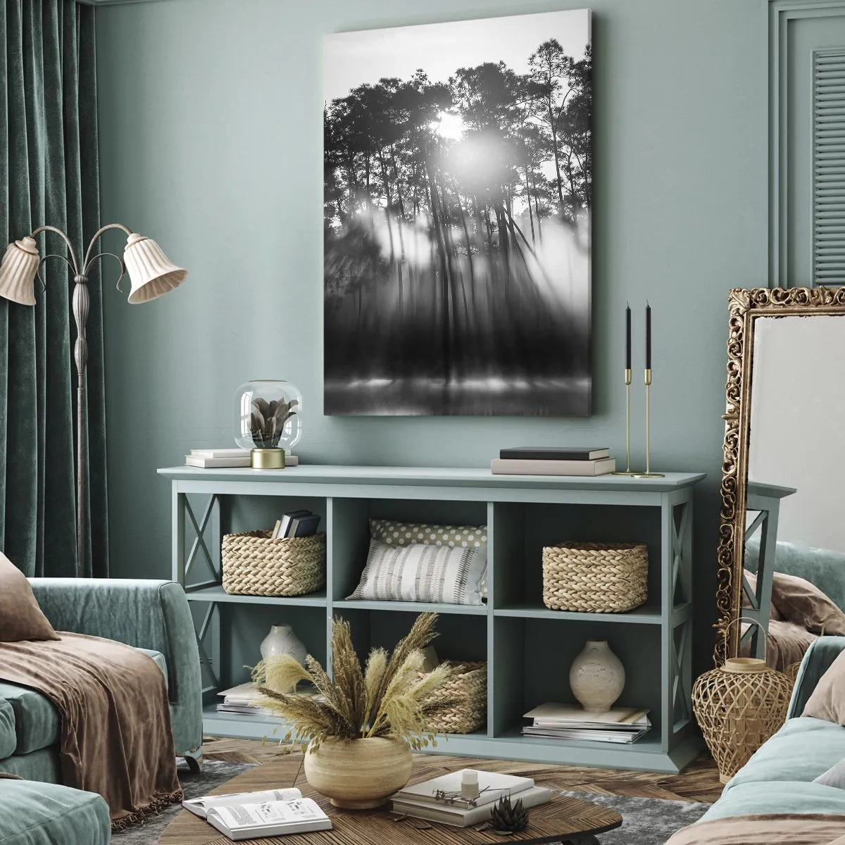 Cuadro sobre lienzo - Impresión de Imagen - Bosque blanco y negro en la niebla de la mañana. - 50x70cm - Sol imparable - Decoración de pared moderna para salón y dormitorio ARTTOR