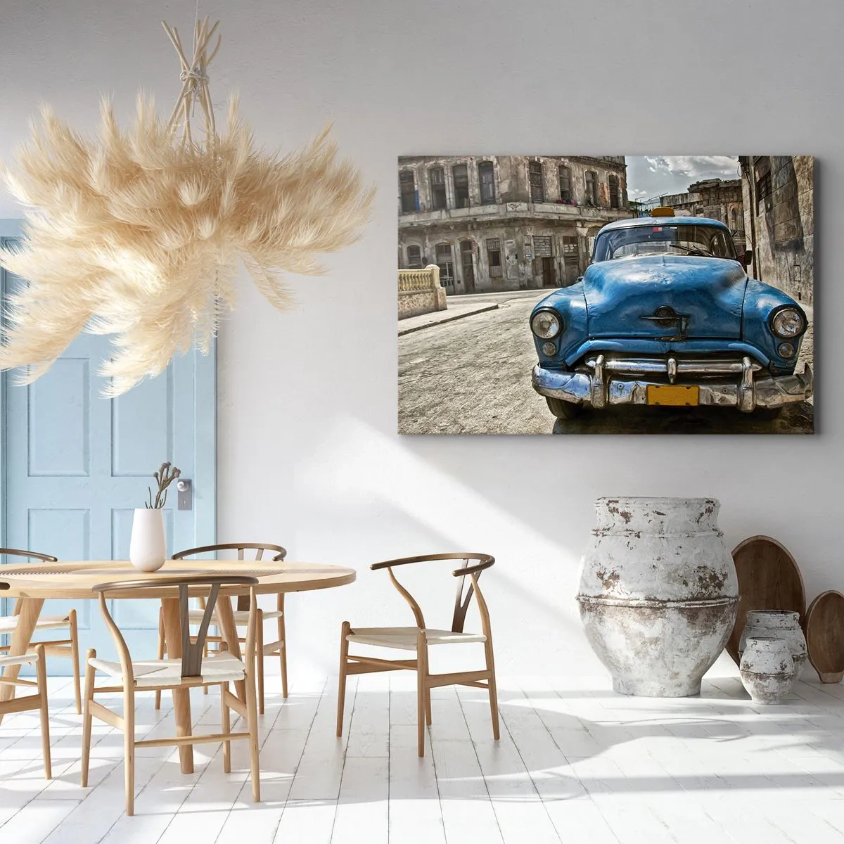 Cuadro sobre lienzo - Impresión de Imagen - Un viejo coche azul en la calle en estilo retro. - 70x50cm - Lo antiguo es hermoso - Decoración de pared moderna para salón y dormitorio ARTTOR