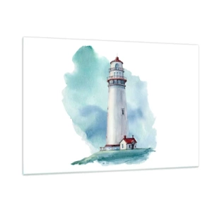 Cuadro sobre vidrio - Impresiones sobre Vidrio - Un faro contra un cielo azul de acuarela. - 120x80cm - Gentil hermana del azul - Decoración de pared moderna para salón y dormitorio ARTTOR