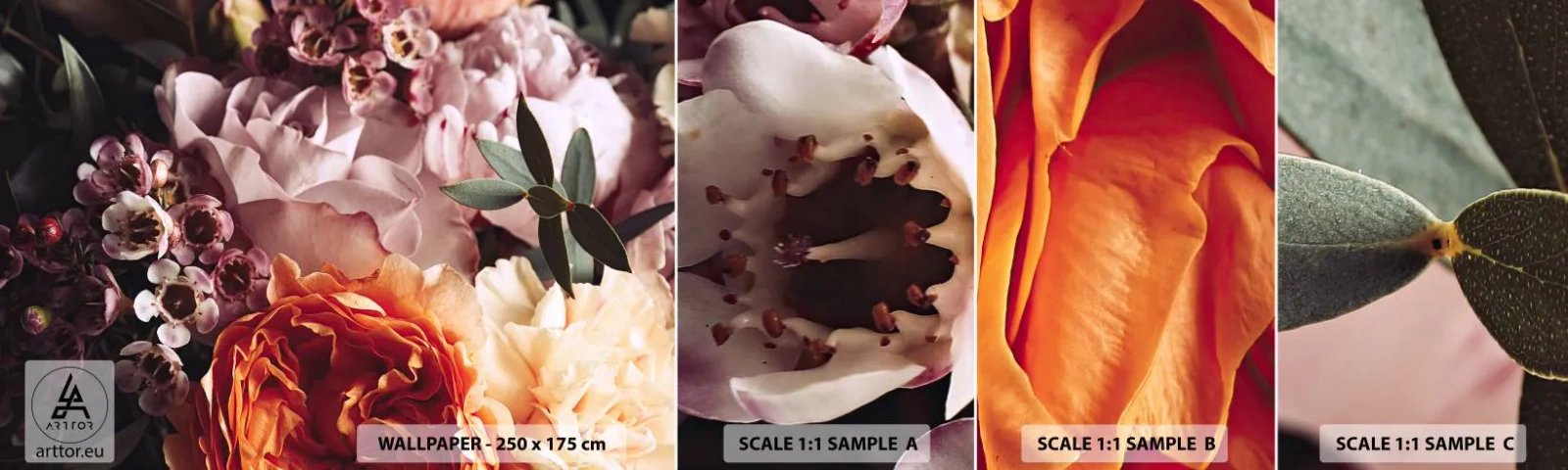 Muestra De Fotomural Standard Eco - Belleza envolvente - flores, Ramo de flores, Rosa - 100x30 cm