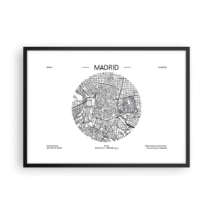 Póster en marco negro - Mapa de Madrid en estilo minimalista en blanco y negro - 70x50cm - Anatomía de Madrid - Decoración de pared moderna para salón y dormitorio ARTTOR