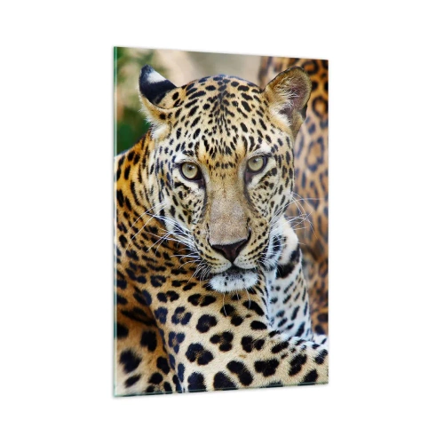 Cuadro sobre vidrio - Impresiones sobre Vidrio - Jaguar descansando en un entorno natural con fondo verde. - 80x120cm - Salvaje y tranquilo - Decoración de pared moderna para salón y dormitorio ARTTOR