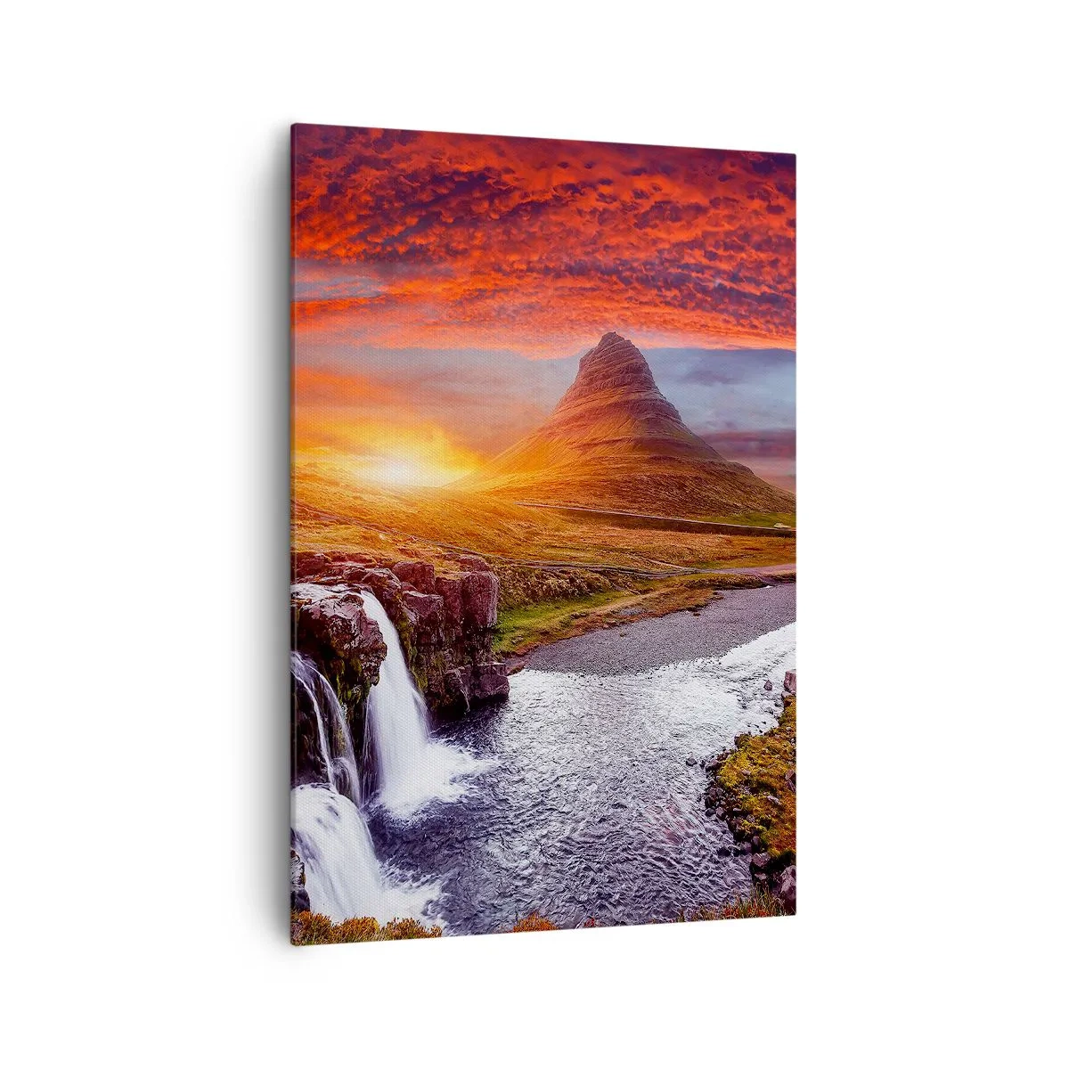 Cuadro sobre lienzo - Impresión de Imagen - Paisaje de montaña con cascada al atardecer. - 70x100cm - Una vista de la Tierra Media - Decoración de pared moderna para salón y dormitorio ARTTOR