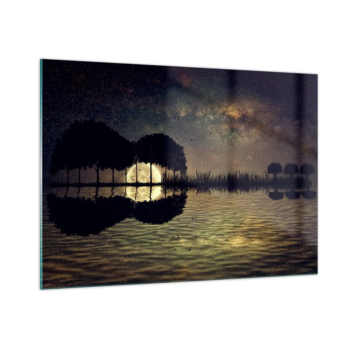 Cuadro sobre vidrio - Impresiones sobre Vidrio - Escena nocturna con luna llena reflejada en el agua. - 100x70cm - Noche en el fin del mundo - Decoración de pared moderna para salón y dormitorio ARTTOR