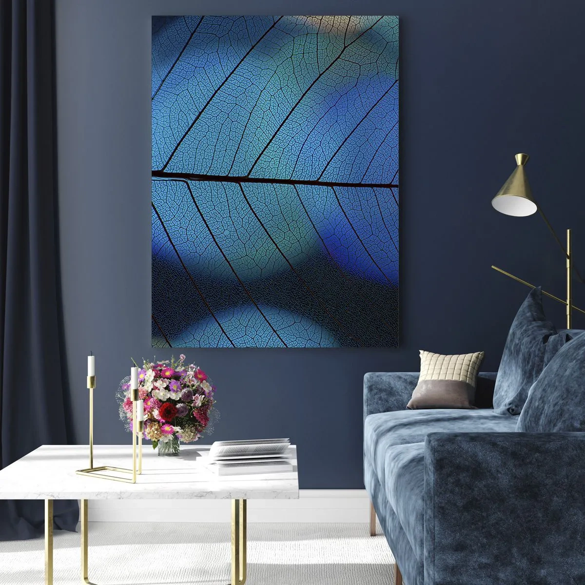 Cuadro sobre vidrio - Impresiones sobre Vidrio - Primer plano de una hoja azul con detalle de vena visible - 80x120cm - Construcción intrincada - Decoración de pared moderna para salón y dormitorio ARTTOR