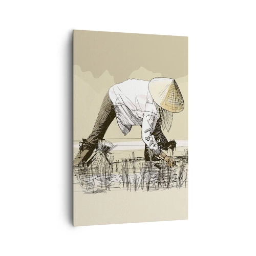 Cuadro sobre lienzo - Impresión de Imagen - Agricultores trabajando en un campo de arroz con sombreros tradicionales - 80x120cm - De una cosecha exitosa - Decoración de pared moderna para salón y dormitorio ARTTOR