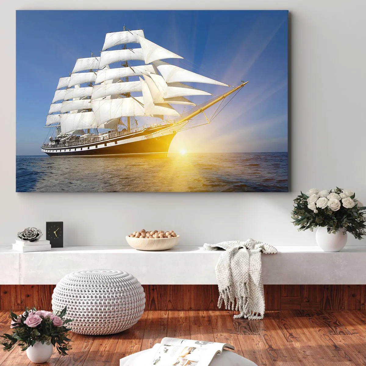 Cuadro sobre lienzo - Impresión de Imagen - Un velero en el mar a la luz del sol poniente. - 120x80cm - Su tiempo nunca pasará - Decoración de pared moderna para salón y dormitorio ARTTOR