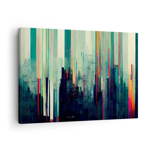 Cuadro sobre lienzo - Impresión de Imagen - Abstracción con líneas verticales y un horizonte de ciudad. - 70x50cm - Ciudad futurista - Decoración de pared moderna para salón y dormitorio ARTTOR