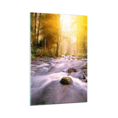 Cuadro sobre vidrio - Impresiones sobre Vidrio - Un arroyo forestal iluminado por los rayos del sol. - 80x120cm - Malaquita en un marco de plata y oro - Decoración de pared moderna para salón y dormitorio ARTTOR