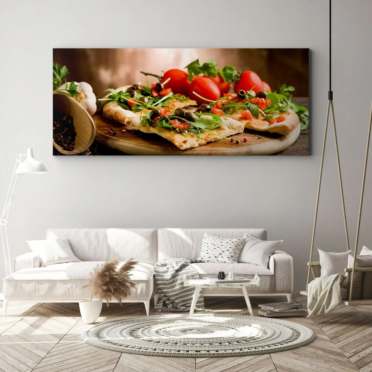 Cuadro sobre lienzo - Impresión de Imagen - Pizza con verduras sobre tabla de madera en estilo rústico - 140x50cm - Directamente del horno y del jardín - Decoración de pared moderna para salón y dormitorio ARTTOR
