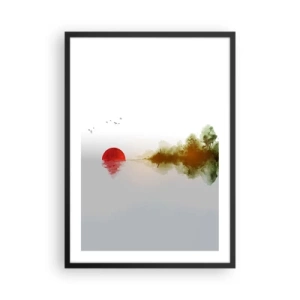 Póster en marco negro - Un paisaje minimalista con un sol rojo y un lago. - 50x70cm - Una promesa de paz - Decoración de pared moderna para salón y dormitorio ARTTOR