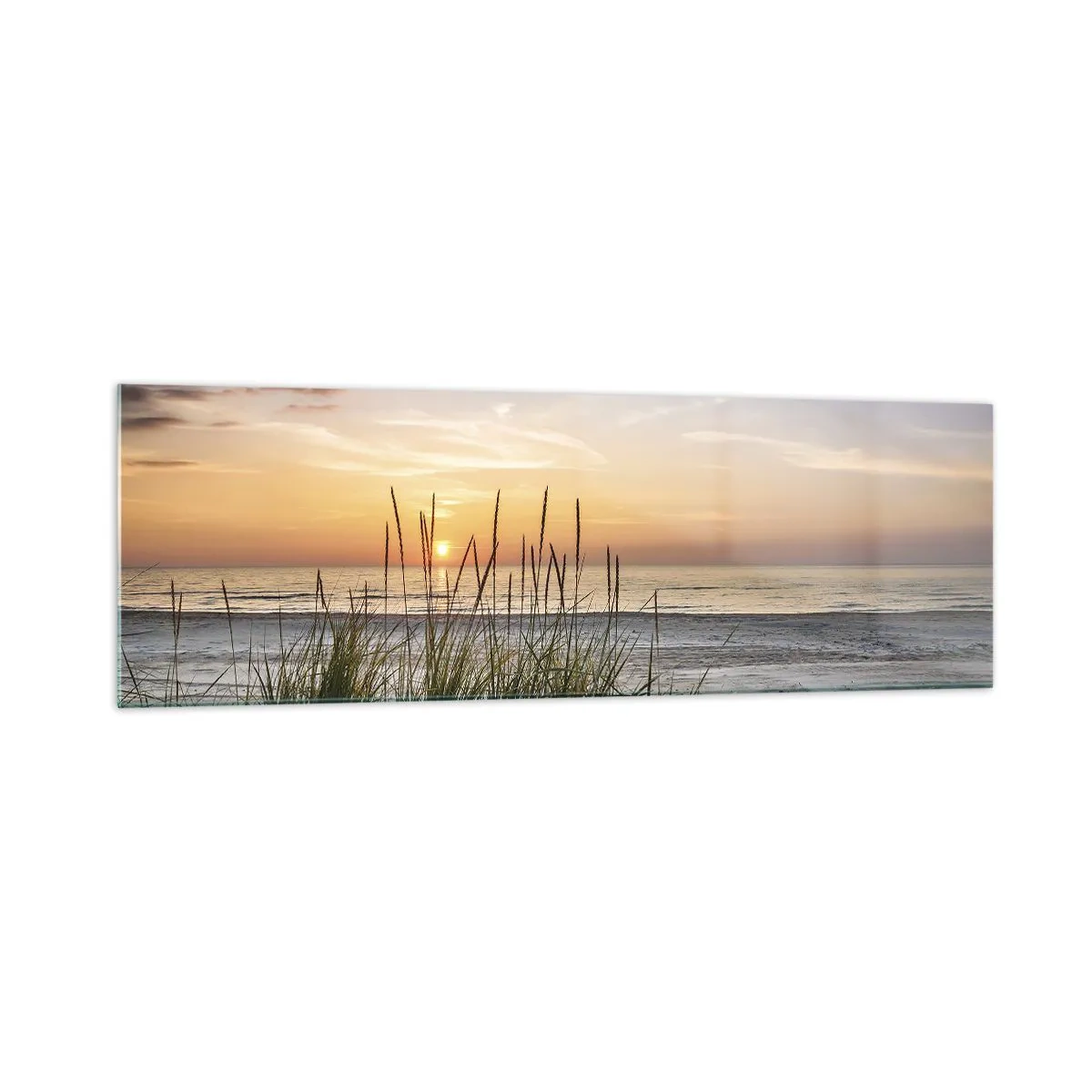 Cuadro sobre vidrio - Impresiones sobre Vidrio - Una playa de arena al atardecer con césped al fondo. - 160x50cm - Mira, piensa, siente - Decoración de pared moderna para salón y dormitorio ARTTOR