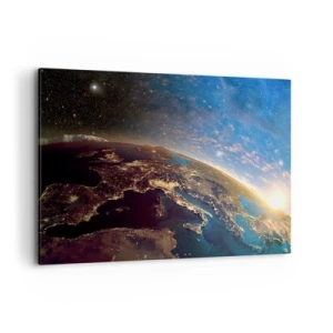 Cuadro sobre lienzo - Impresión de Imagen - Vista de la Tierra desde el espacio al amanecer - 100x70cm - Mirémonos a nosotros mismos desde la distancia - Decoración de pared moderna para salón y dormitorio ARTTOR
