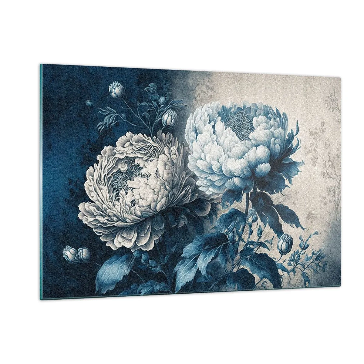 Cuadro sobre vidrio - Impresiones sobre Vidrio - Peonías bicolor en tonos azules y beige sobre un fondo vintage. - 120x80cm - Una pareja unida - Decoración de pared moderna para salón y dormitorio ARTTOR