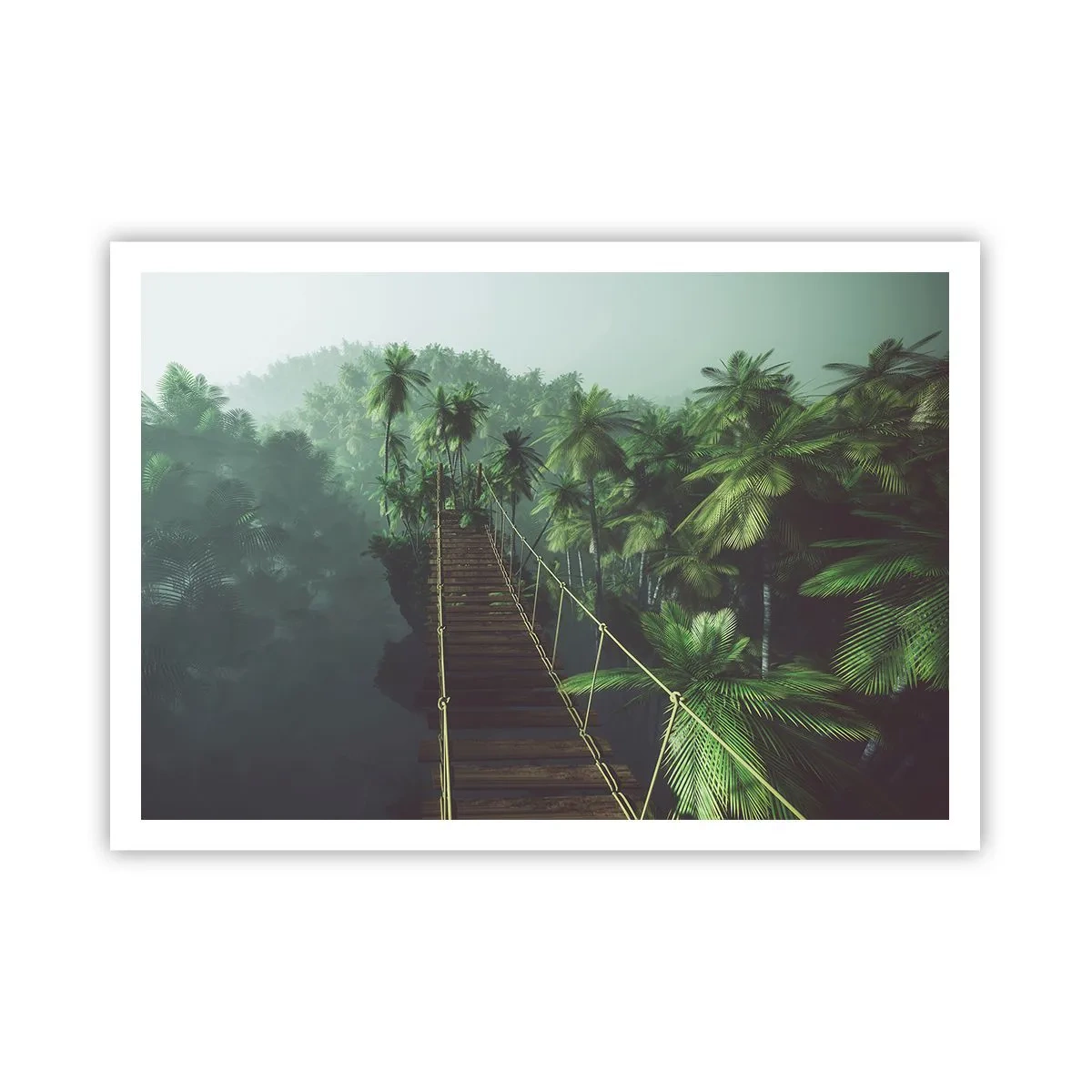 Póster - Un puente colgante en un bosque tropical rodeado de niebla. - 100x70cm - Sobre un mar de verde - Decoración de pared moderna para salón y dormitorio ARTTOR