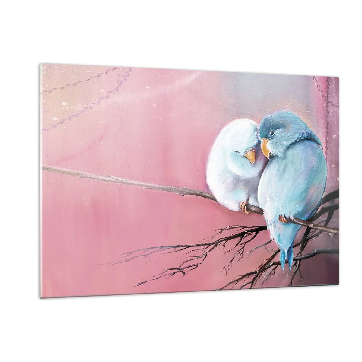 Cuadro sobre vidrio - Impresiones sobre Vidrio - Dos tortolitos sentados en una rama sobre un fondo rosa - 120x80cm - Qué añadir aquí... - Decoración de pared moderna para salón y dormitorio ARTTOR