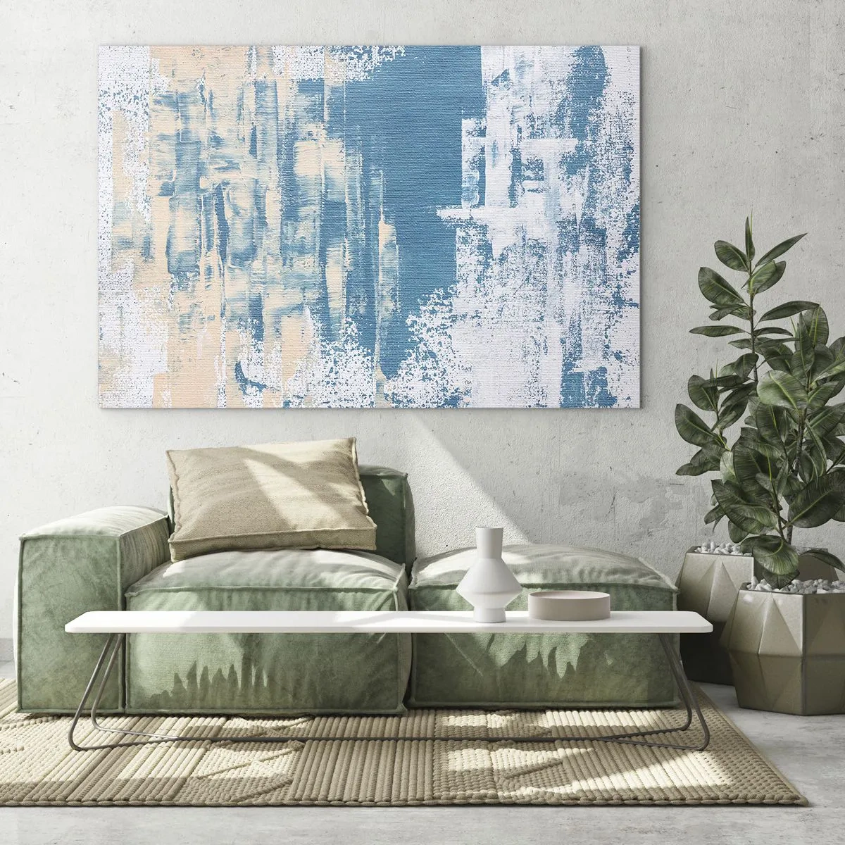 Cuadro sobre vidrio - Impresiones sobre Vidrio - Abstracción en azul y beige con textura de pincel. - 100x70cm - A través de un carámbano - Decoración de pared moderna para salón y dormitorio ARTTOR