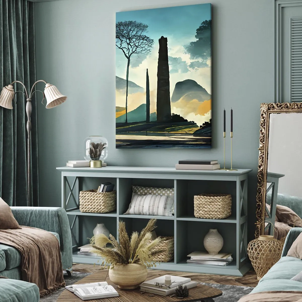 Cuadro sobre lienzo - Impresión de Imagen - Un paisaje pintoresco con árboles y montañas al fondo. - 50x70cm - Cada vez a más altitud - Decoración de pared moderna para salón y dormitorio ARTTOR