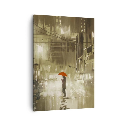 Cuadro sobre lienzo - Impresión de Imagen - Una figura con un paraguas rojo en una ciudad lluviosa. - 50x70cm - Soledad en la urbe - Decoración de pared moderna para salón y dormitorio ARTTOR