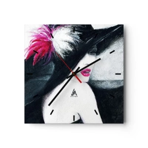 Reloj de pared - Reloj de vidrio - Mujer elegante con un sombrero de plumas - 30x30cm - Siempre un misterio - Decoración de pared moderna para salón y dormitorio ARTTOR