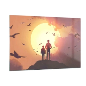 Cuadro sobre vidrio - Impresiones sobre Vidrio - Figuras de un padre y un hijo de pie contra el fondo del sol poniente y pájaros volando. - 120x80cm - Cara a cara con el sol - Decoración de pared moderna para salón y dormitorio ARTTOR