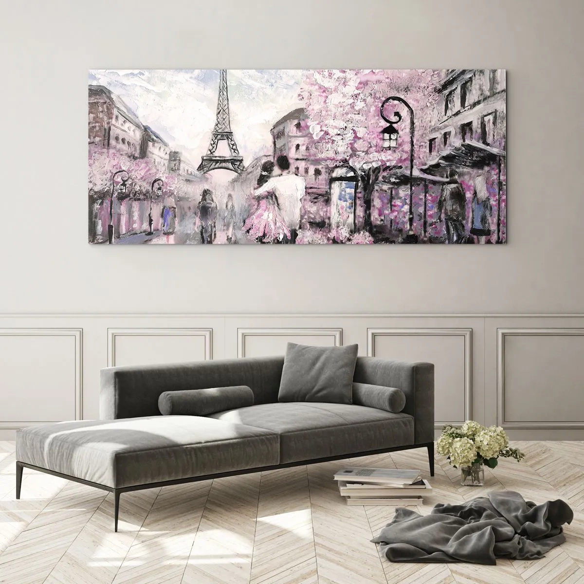 Cuadro sobre vidrio - Impresiones sobre Vidrio - Un paseo romántico por París junto a la Torre Eiffel - 140x50cm - La ciudad del amor - Decoración de pared moderna para salón y dormitorio ARTTOR