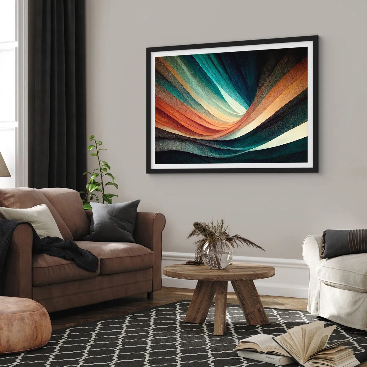 Póster en marco negro - Ondas abstractas en tonos cálidos y fríos. - 70x50cm - Tejido de colores - Decoración de pared moderna para salón y dormitorio ARTTOR