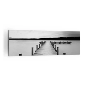 Cuadro sobre lienzo - Impresión de Imagen - Un embarcadero blanco y negro en un lago tranquilo. - 160x50cm - En el lago de la paz - Decoración de pared moderna para salón y dormitorio ARTTOR