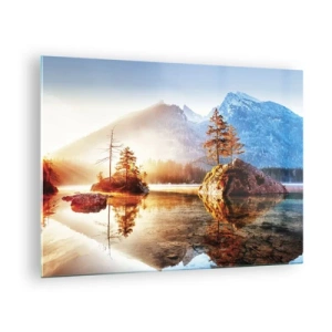 Cuadro sobre vidrio - Impresiones sobre Vidrio - Paisaje de montaña por la mañana con árboles y reflejo en el lago. - 70x50cm - La naturaleza bajo la luz - Decoración de pared moderna para salón y dormitorio ARTTOR