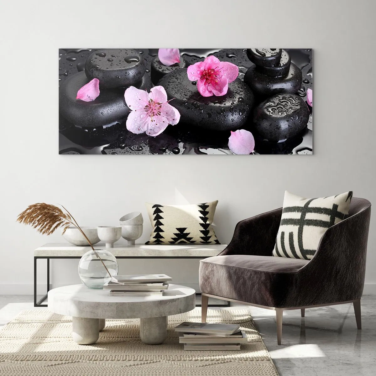 Cuadro sobre vidrio - Impresiones sobre Vidrio - Piedras negras y flores rosas estilo spa - 120x50cm - Y una piedra cae del corazón - Decoración de pared moderna para salón y dormitorio ARTTOR