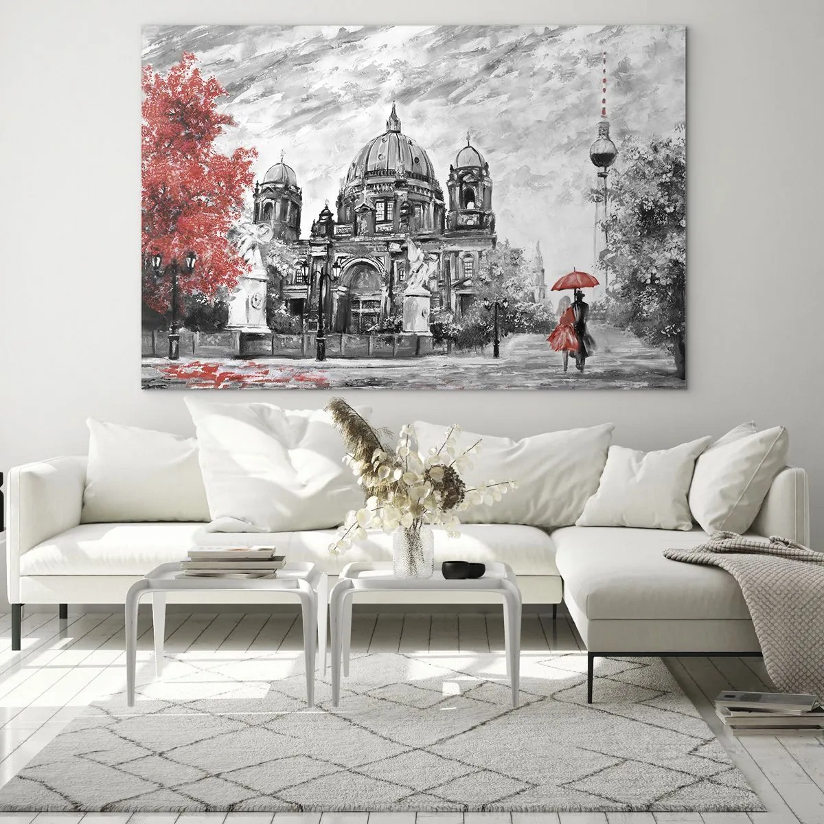 Cuadro sobre vidrio - Impresiones sobre Vidrio - Catedral de Berlín con acento rojo en tonos monocromáticos - 100x70cm - Reunión en Berlín - Decoración de pared moderna para salón y dormitorio ARTTOR