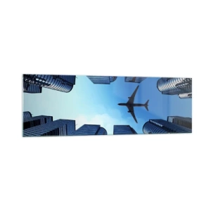 Cuadro sobre vidrio - Impresiones sobre Vidrio - Un avión volando sobre modernos rascacielos en el centro de la ciudad. - 160x50cm - La vista desde el abismo de cristal - Decoración de pared moderna para salón y dormitorio ARTTOR