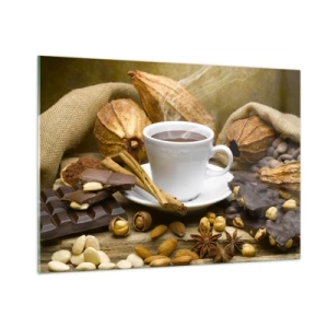 Cuadro sobre vidrio - Impresiones sobre Vidrio - Una taza de chocolate caliente rodeada de chocolate y especias. - 100x70cm - Para los que buscan emociones - Decoración de pared moderna para salón y dormitorio ARTTOR