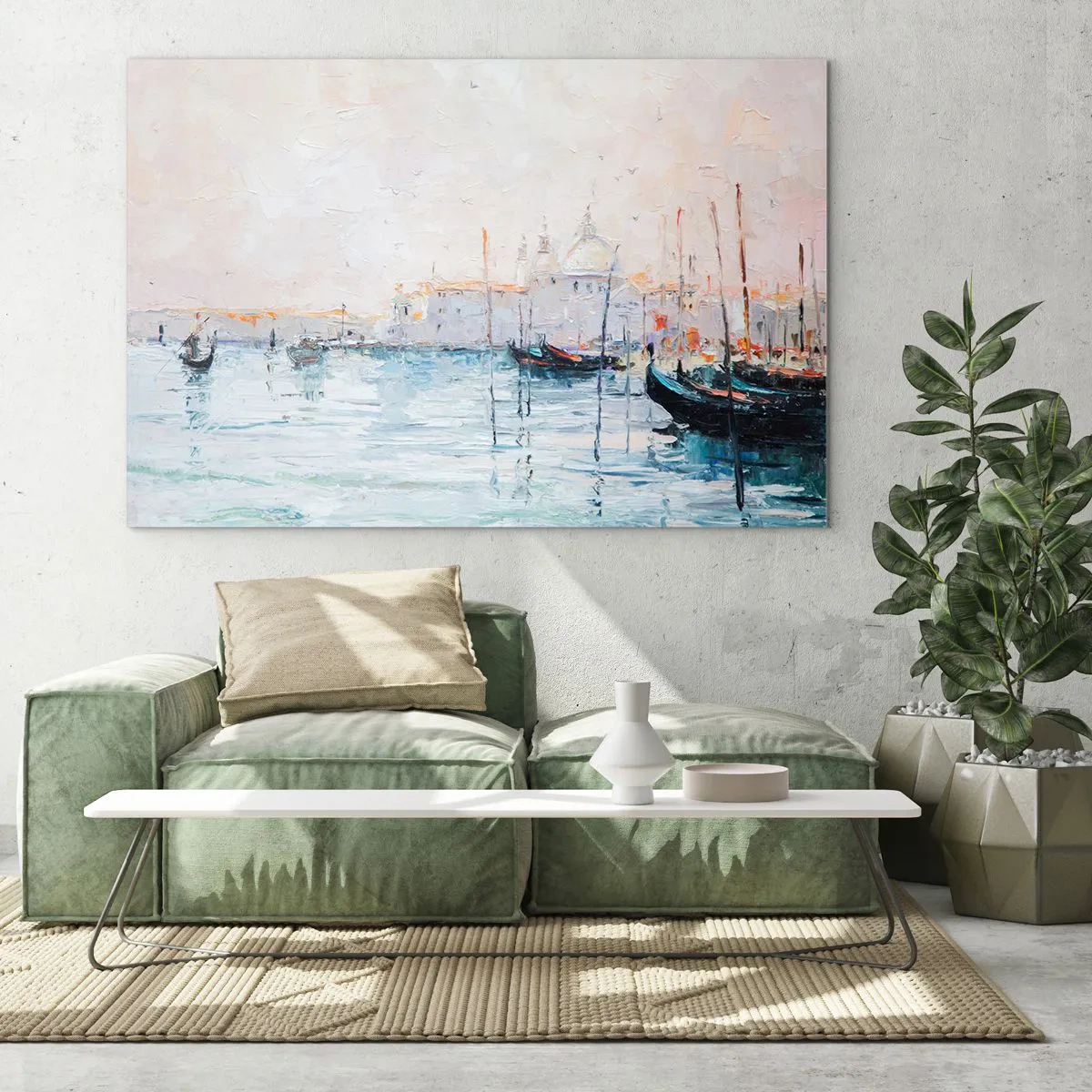 Cuadro sobre vidrio - Impresiones sobre Vidrio - Paisaje impresionista con barcos y edificios. - 70x50cm - Más allá del agua, más allá de la niebla - Decoración de pared moderna para salón y dormitorio ARTTOR