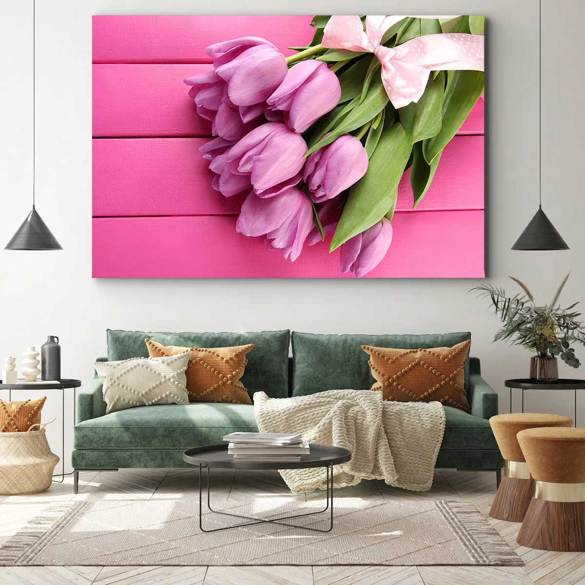 Cuadro sobre lienzo - Impresión de Imagen - Un ramo de tulipanes rosas con un lazo sobre un fondo rosa. - 100x70cm - Solo para ti - Decoración de pared moderna para salón y dormitorio ARTTOR