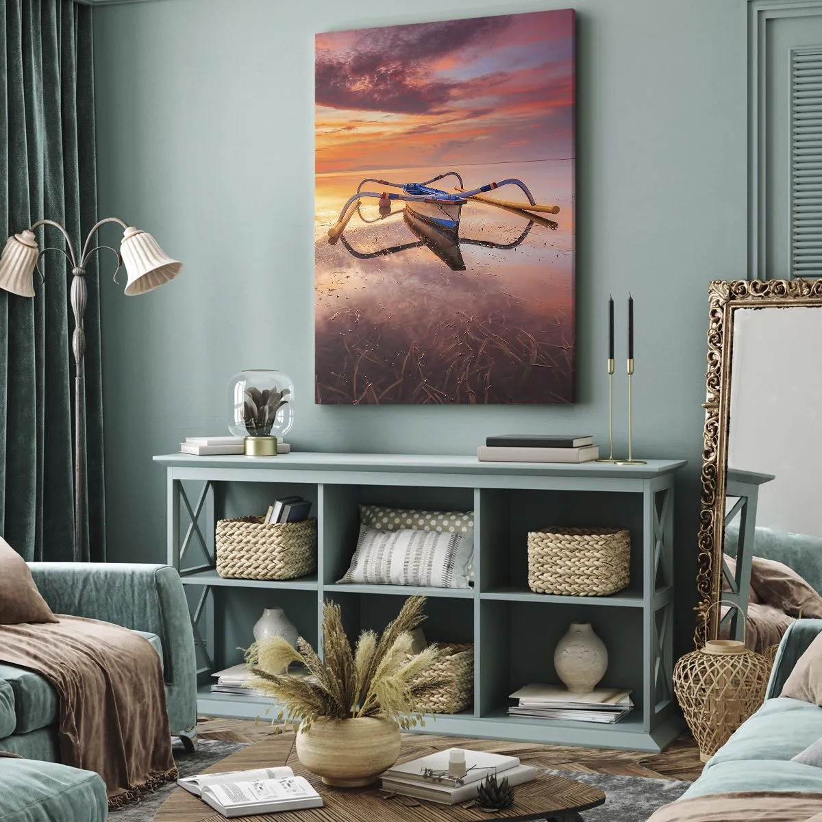 Cuadro sobre lienzo - Impresión de Imagen - Un barco en aguas tranquilas al atardecer. - 50x70cm - Calma de una tarde tropical - Decoración de pared moderna para salón y dormitorio ARTTOR