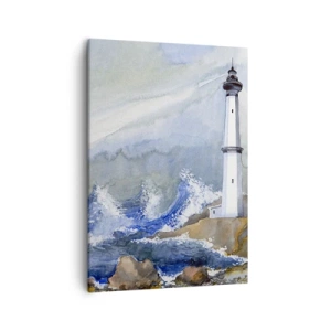 Cuadro sobre lienzo - Impresión de Imagen - Un faro en una costa rocosa con mar agitado. - 50x70cm - Contra la oscuridad y la tormenta - Decoración de pared moderna para salón y dormitorio ARTTOR