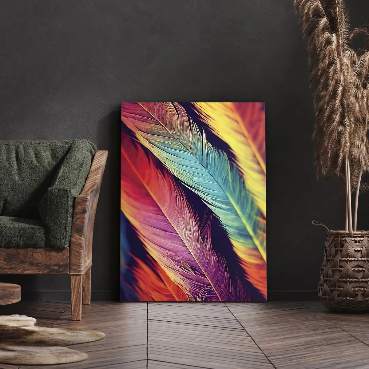 Cuadro sobre lienzo - Impresión de Imagen - Plumas de colores intensos - 50x70cm - Arco iris plumoso - Decoración de pared moderna para salón y dormitorio ARTTOR