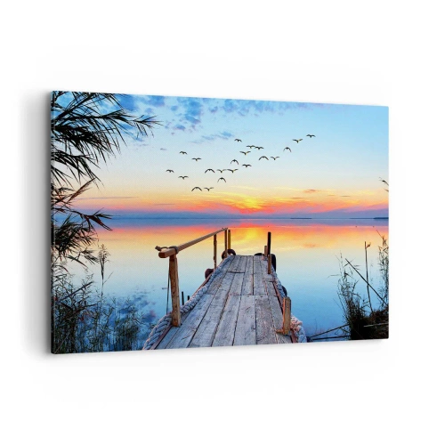 Cuadro sobre lienzo - Impresión de Imagen - Muelle de madera sobre el lago al atardecer - 120x80cm - Es hora de volver... - Decoración de pared moderna para salón y dormitorio ARTTOR
