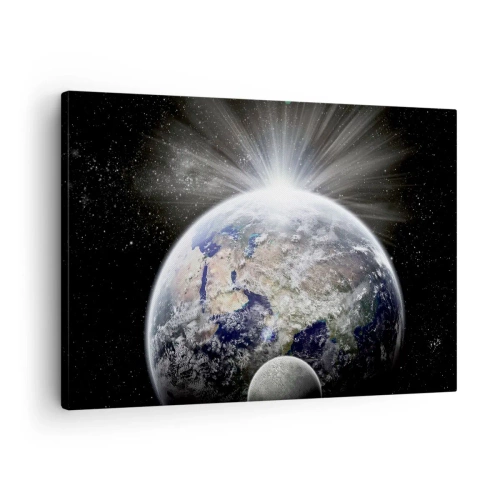 Cuadro sobre lienzo - Impresión de Imagen - La Tierra y la Luna iluminadas por el resplandor del espacio. - 70x50cm - En todo su esplendor - Decoración de pared moderna para salón y dormitorio ARTTOR