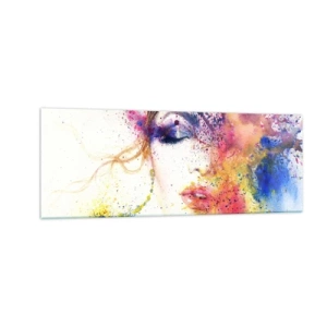 Cuadro sobre vidrio - Impresiones sobre Vidrio - Un retrato artístico de una mujer en expresivos colores de acuarela. - 140x50cm - Vértigo del arco iris - Decoración de pared moderna para salón y dormitorio ARTTOR