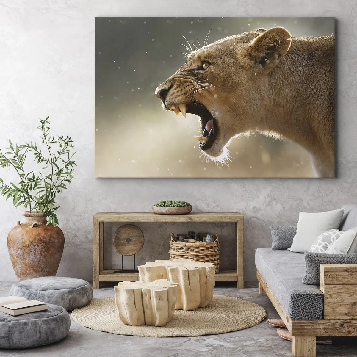 Cuadro sobre lienzo - Impresión de Imagen - Retrato de una leona rugiente bajo luz natural - 70x50cm - Silencio, es mi turno de palabra - Decoración de pared moderna para salón y dormitorio ARTTOR