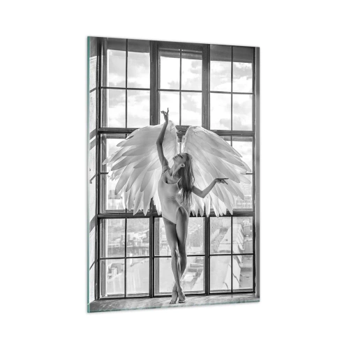 Cuadro sobre vidrio - Impresiones sobre Vidrio - Bailarina con alas de ángel en blanco y negro - 50x70cm - ¿Ciudad de los ángeles? - Decoración de pared moderna para salón y dormitorio ARTTOR