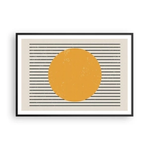 Póster en marco negro - Un círculo amarillo sobre un fondo de líneas horizontales blancas y negras. - 100x70cm - El poder de la sencillez - Decoración de pared moderna para salón y dormitorio ARTTOR