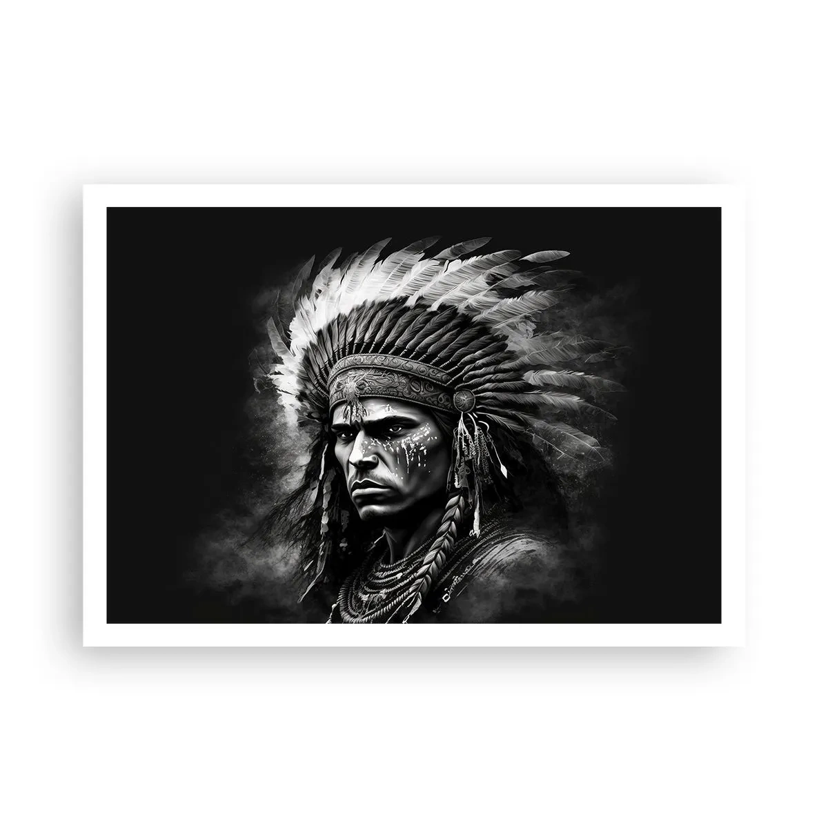 Póster - Retrato de un jefe con un tocado de plumas sobre un fondo negro - 100x70cm - Líder y guerrero - Decoración de pared moderna para salón y dormitorio ARTTOR