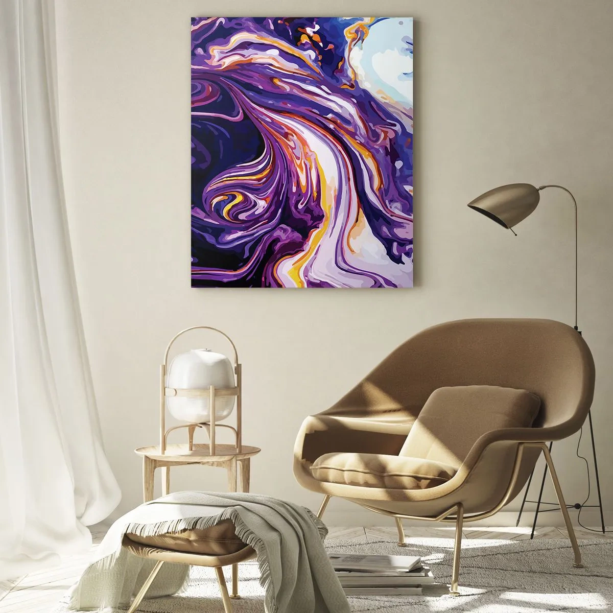 Cuadro sobre vidrio - Impresiones sobre Vidrio - Patrón abstracto en tonos morados y blancos con líneas dinámicas. - 50x70cm - Una curva en el violeta - Decoración de pared moderna para salón y dormitorio ARTTOR