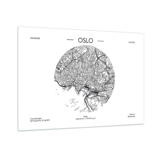 Cuadro sobre vidrio - Impresiones sobre Vidrio - Mapa de la ciudad de Oslo en estilo gráfico en blanco y negro - 100x70cm - Anatomía de Oslo - Decoración de pared moderna para salón y dormitorio ARTTOR